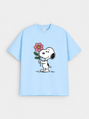 Girls Snoopy Flower Print Blue Down Shoulder T-shirt