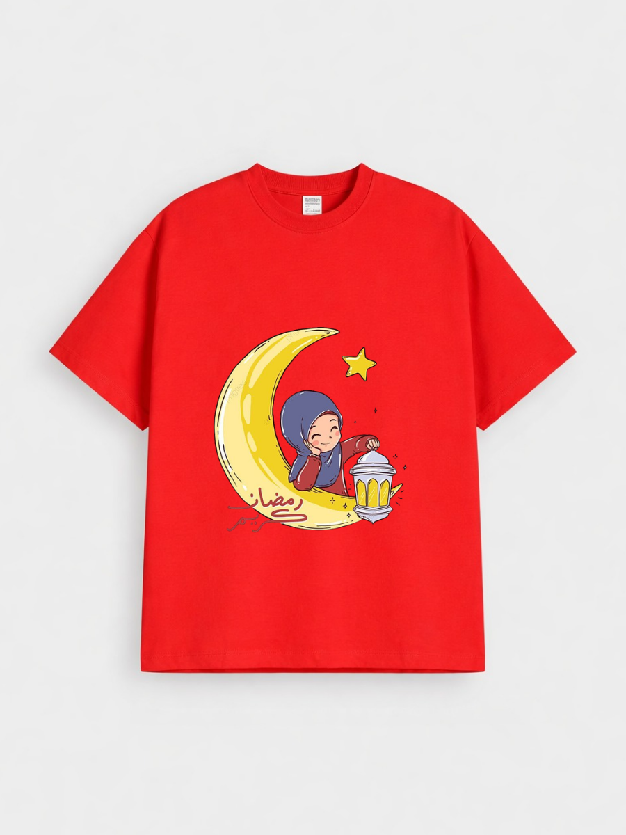 Girls Ramadan Kareem Moon Girl Lantern Graphic Down Shoulder T-shirt for Ramadan Celebration