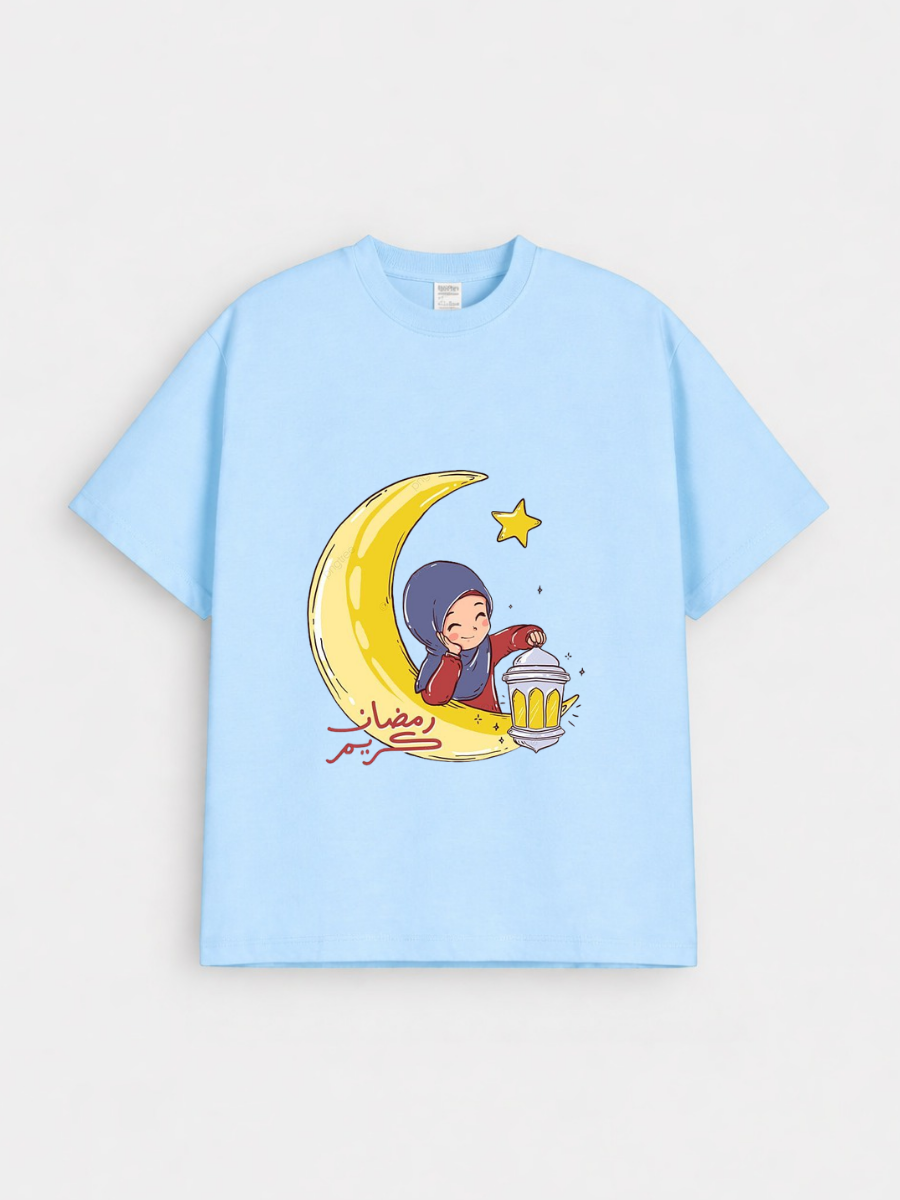 Girls Ramadan Kareem Moon Girl Lantern Graphic Down Shoulder T-shirt for Ramadan Celebration
