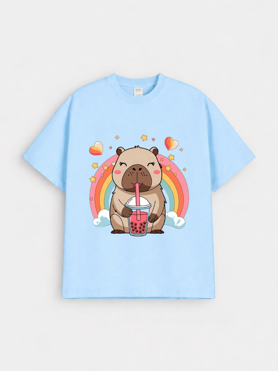 Girls Cute Capybara Rainbow Print Blue Down Shoulder T-shirt