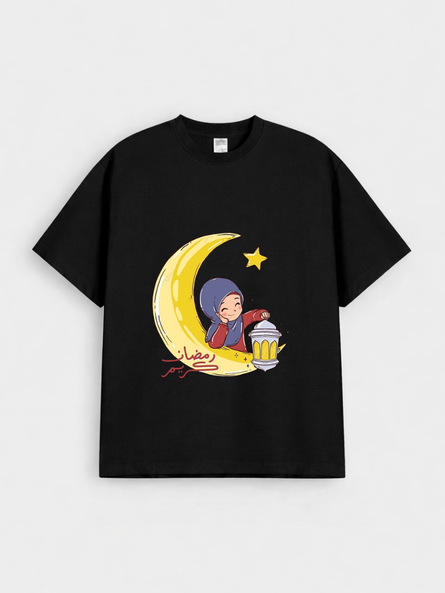 Girls Ramadan Kareem Moon Girl Lantern Graphic Down Shoulder T-shirt for Ramadan Celebration