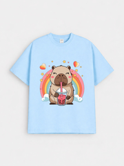 Girls Cute Capybara Rainbow Print Blue Down Shoulder T-shirt