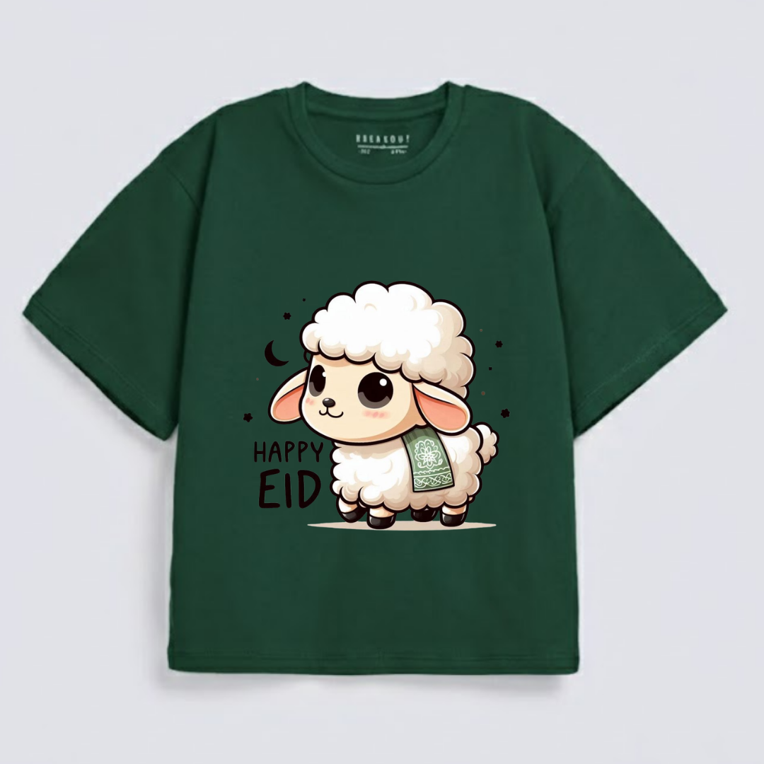 "Happy Eid" Cute Lamb with Scarf Graphic Drop-Shoulder T-Shirt (Eid Edit)