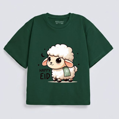 "Happy Eid" Cute Lamb with Scarf Graphic Drop-Shoulder T-Shirt (Eid Edit)