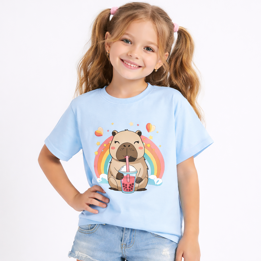 Girls Cute Capybara Rainbow Print Blue Down Shoulder T-shirt