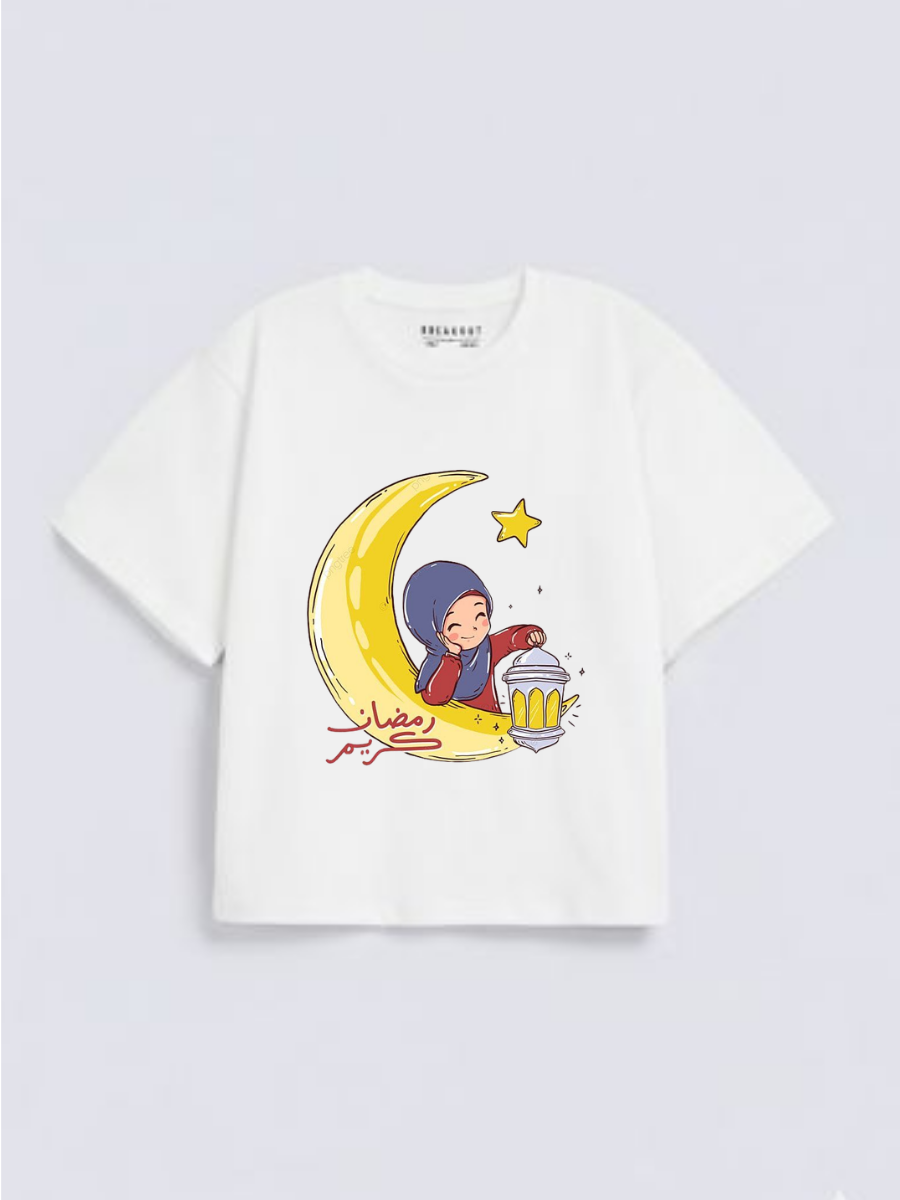 Girls Ramadan Kareem Moon Girl Lantern Graphic Down Shoulder T-shirt for Ramadan Celebration
