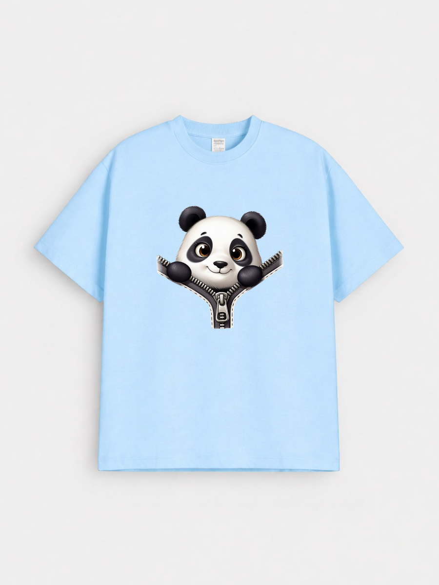 Boys Panda Zipper Sky Blue Down Shoulder T-shirt