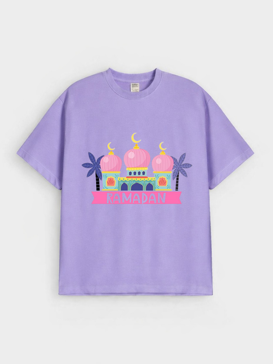 Girls Ramadan Mosque Pink Dome Graphic Down Shoulder T-shirt for Ramadan Celebration