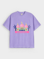 Girls Ramadan Mosque Pink Dome Graphic Down Shoulder T-shirt for Ramadan Celebration