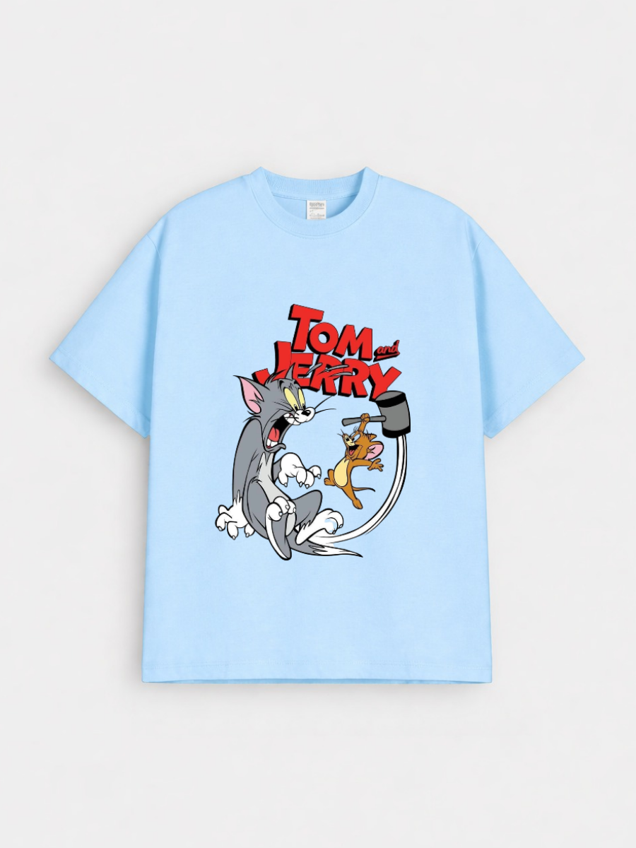 Boys Cat & Mouse Cartoon Sky Blue Down Shoulder T-shirt