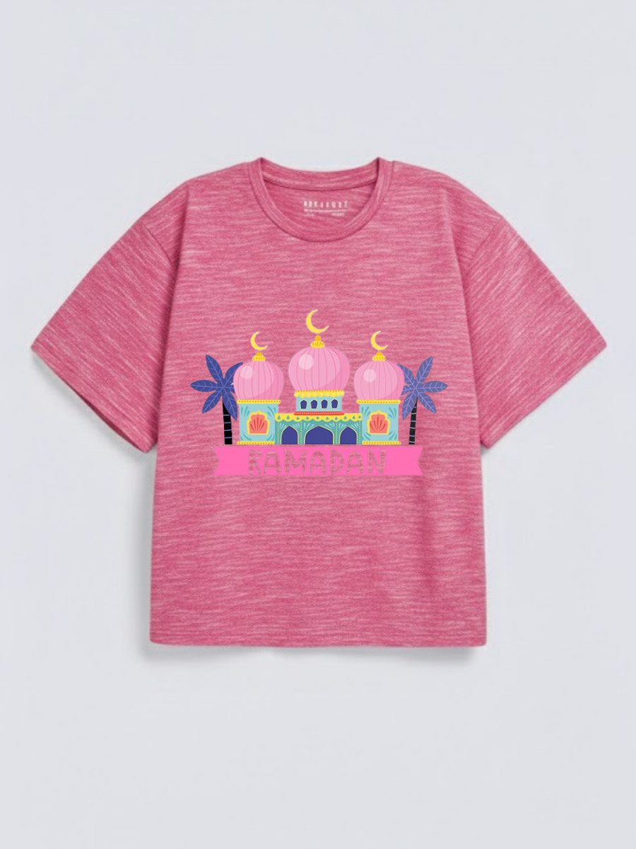 Girls Ramadan Mosque Pink Dome Graphic Down Shoulder T-shirt for Ramadan Celebration
