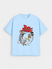 Boys Cat & Mouse Cartoon Sky Blue Down Shoulder T-shirt