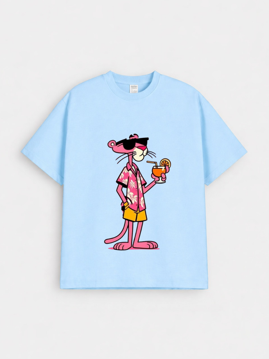Boys Pink Panther Summer Sky Blue Down Shoulder T-shirt