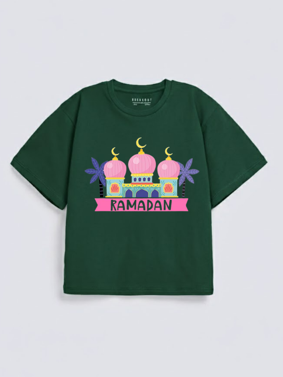 Girls Ramadan Mosque Pink Dome Graphic Down Shoulder T-shirt for Ramadan Celebration