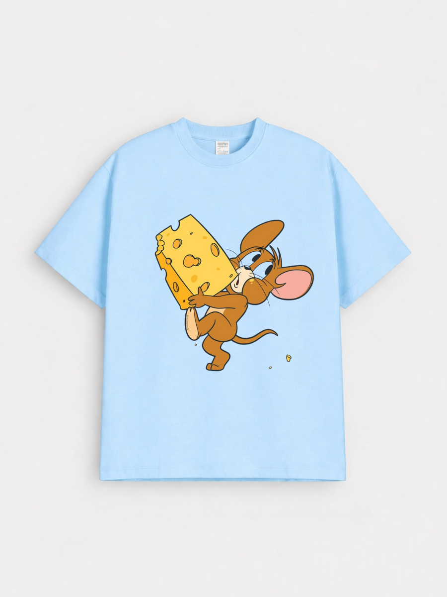 Boys Mouse Cheese Cartoon Sky Blue Down ShoulderT-shirt