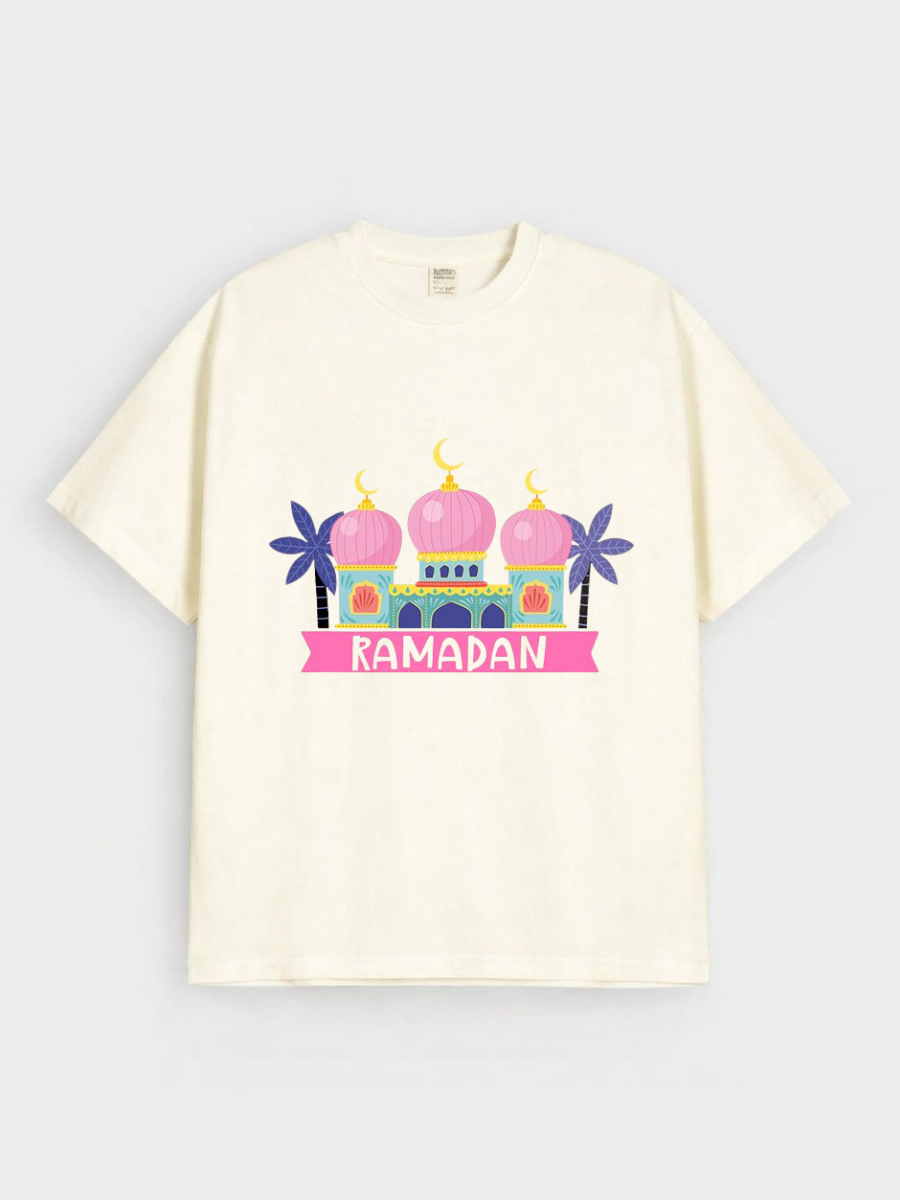 Girls Ramadan Mosque Pink Dome Graphic Down Shoulder T-shirt for Ramadan Celebration