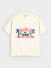 Girls Ramadan Mosque Pink Dome Graphic Down Shoulder T-shirt for Ramadan Celebration