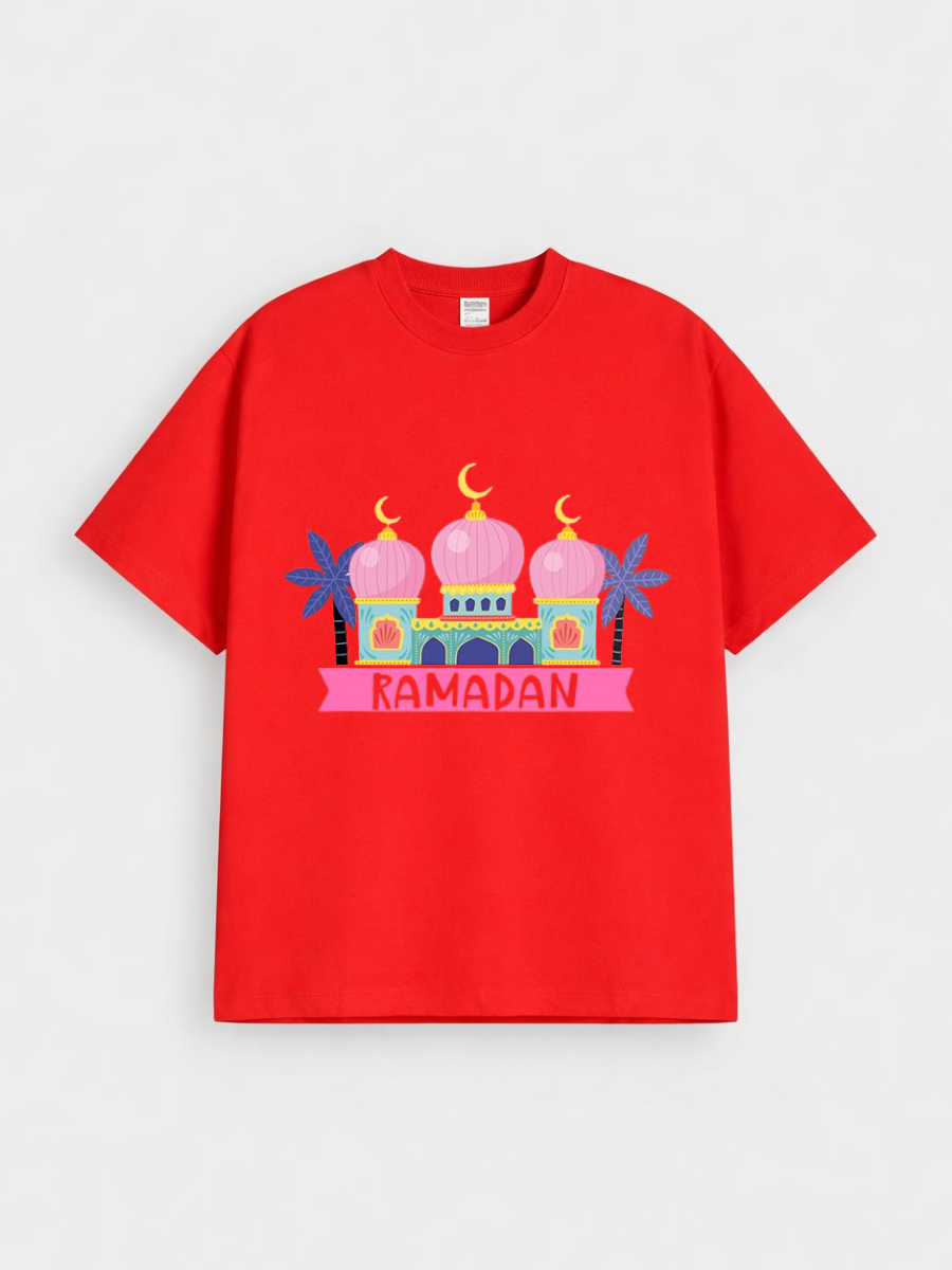 Girls Ramadan Mosque Pink Dome Graphic Down Shoulder T-shirt for Ramadan Celebration