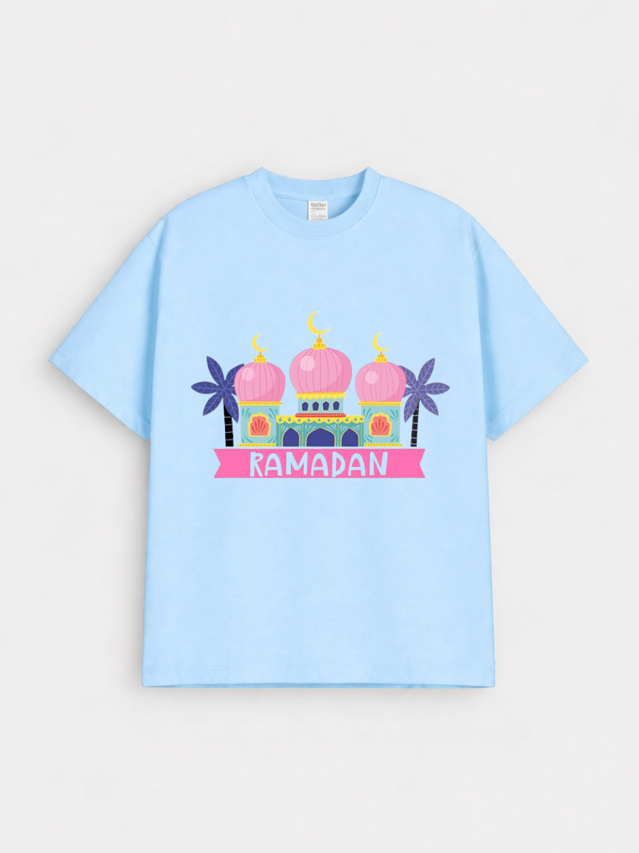 Girls Ramadan Mosque Pink Dome Graphic Down Shoulder T-shirt for Ramadan Celebration