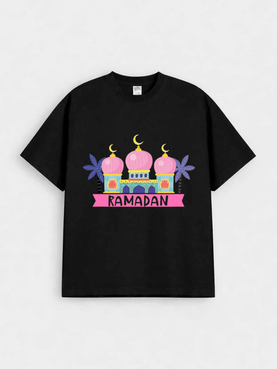 Girls Ramadan Mosque Pink Dome Graphic Down Shoulder T-shirt for Ramadan Celebration