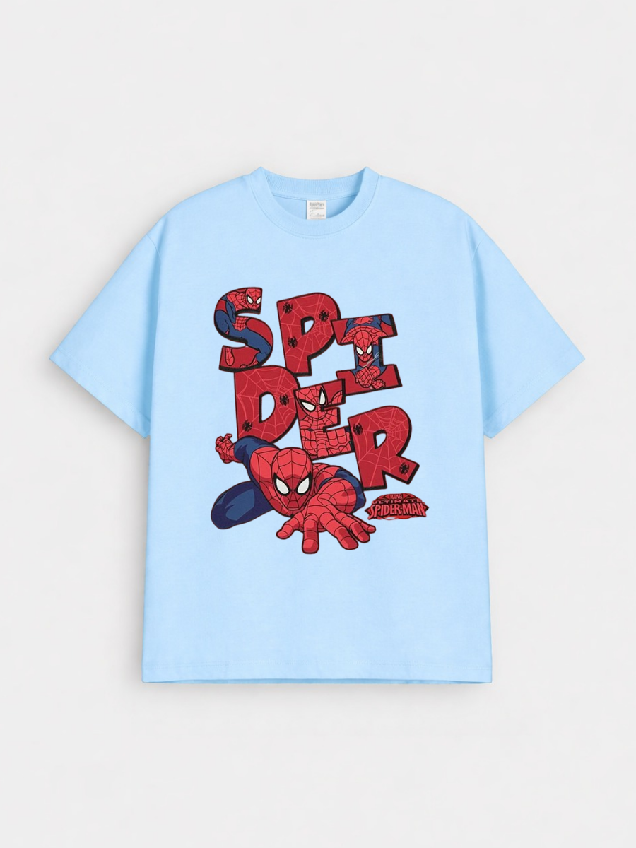 Boys Spider Superhero Sky Blue Down Shoulder T-shirt