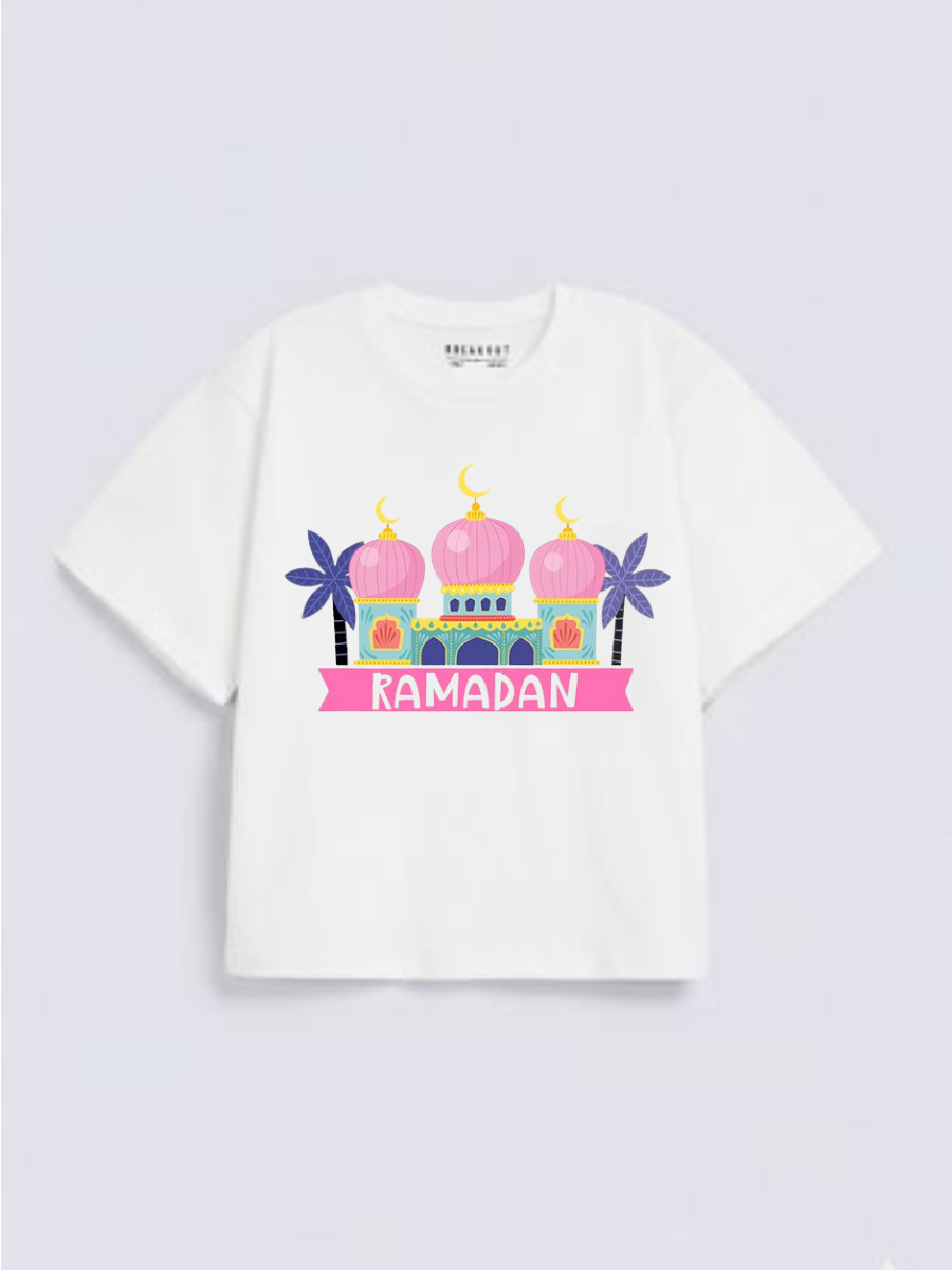 Girls Ramadan Mosque Pink Dome Graphic Down Shoulder T-shirt for Ramadan Celebration