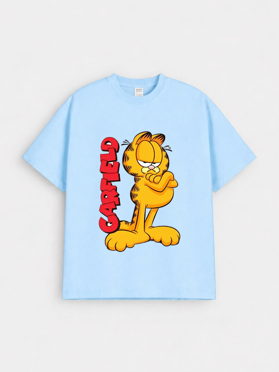 Boys Cartoon Cat Sky Blue Down Shoulder T-shirt