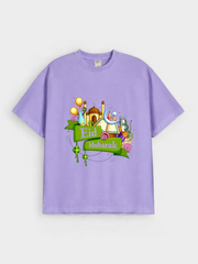 Girls Eid Mubarak Festive Mosque Graphic Down Shoulder T-shirt for Eid Celebration
