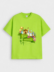 Girls Eid Mubarak Festive Mosque Graphic Down Shoulder T-shirt for Eid Celebration