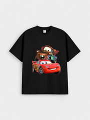 Boys Cartoon Racing Cars Black Down Shoulder T-shirt