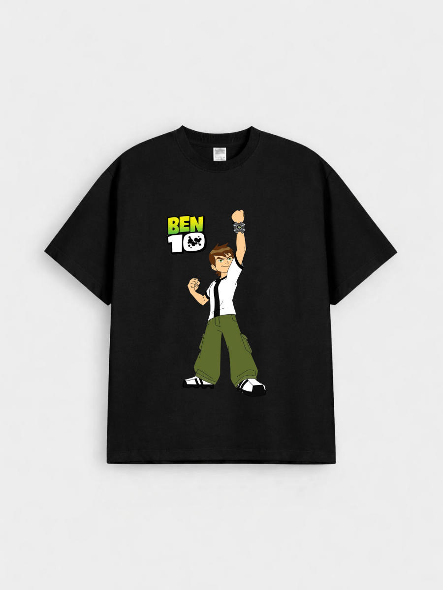 Boys Cartoon Hero Black Down Shoulder T-shirt