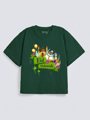 Girls Eid Mubarak Festive Mosque Graphic Down Shoulder T-shirt for Eid Celebration