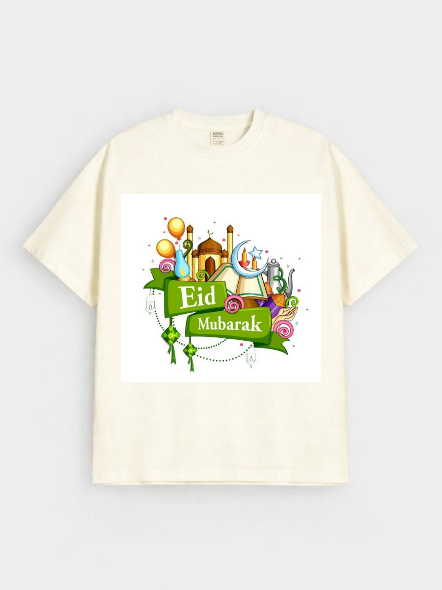 Girls Eid Mubarak Festive Mosque Graphic Down Shoulder T-shirt for Eid Celebration
