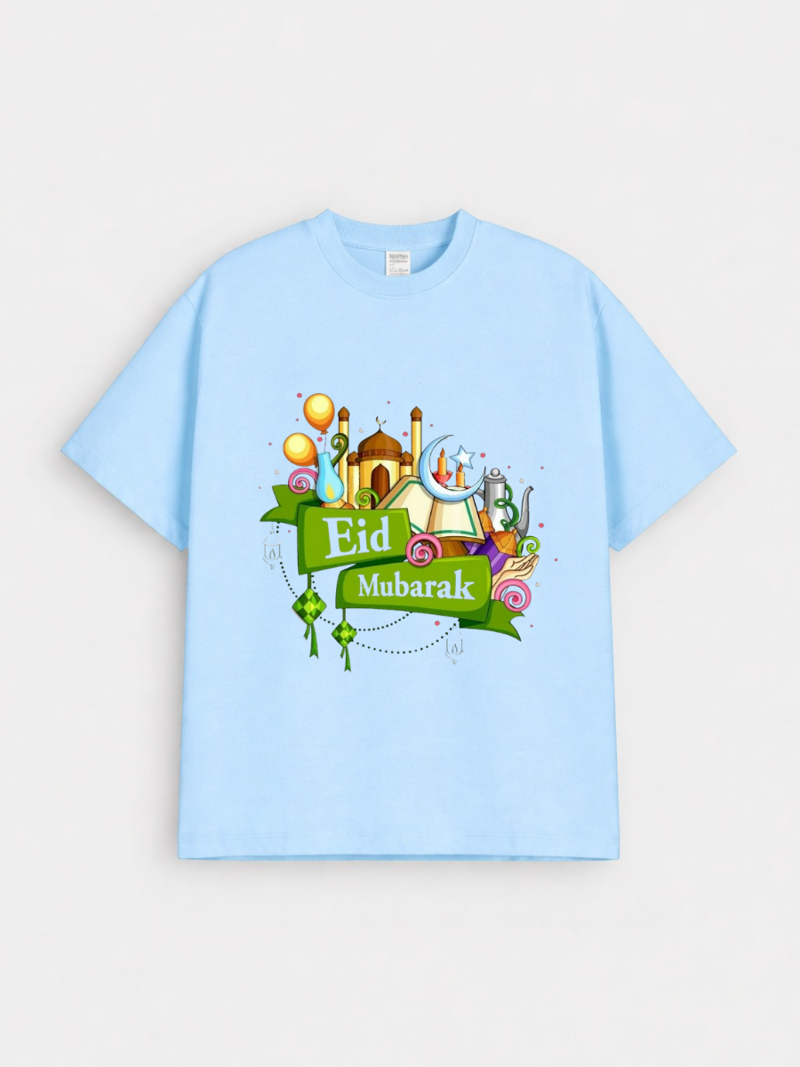 Girls Eid Mubarak Festive Mosque Graphic Down Shoulder T-shirt for Eid Celebration