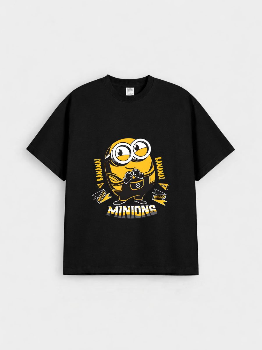 Boys Cartoon Minion Black Down Shoulder T-shirt