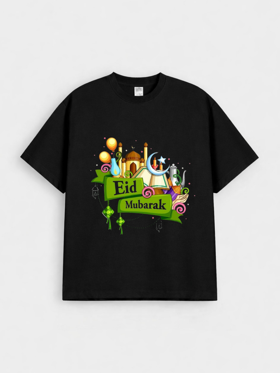 Girls Eid Mubarak Festive Mosque Graphic Down Shoulder T-shirt for Eid Celebration