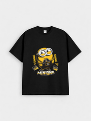Boys Cartoon Minion Black Down Shoulder T-shirt