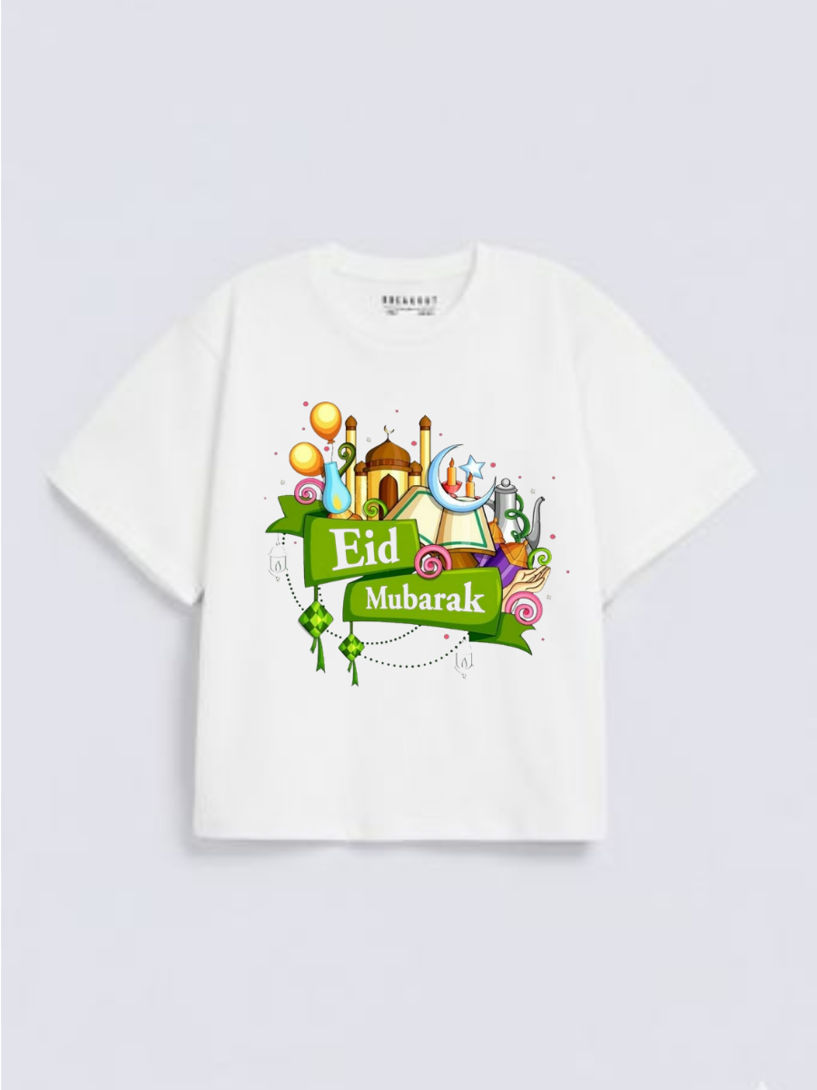 Girls Eid Mubarak Festive Mosque Graphic Down Shoulder T-shirt for Eid Celebration