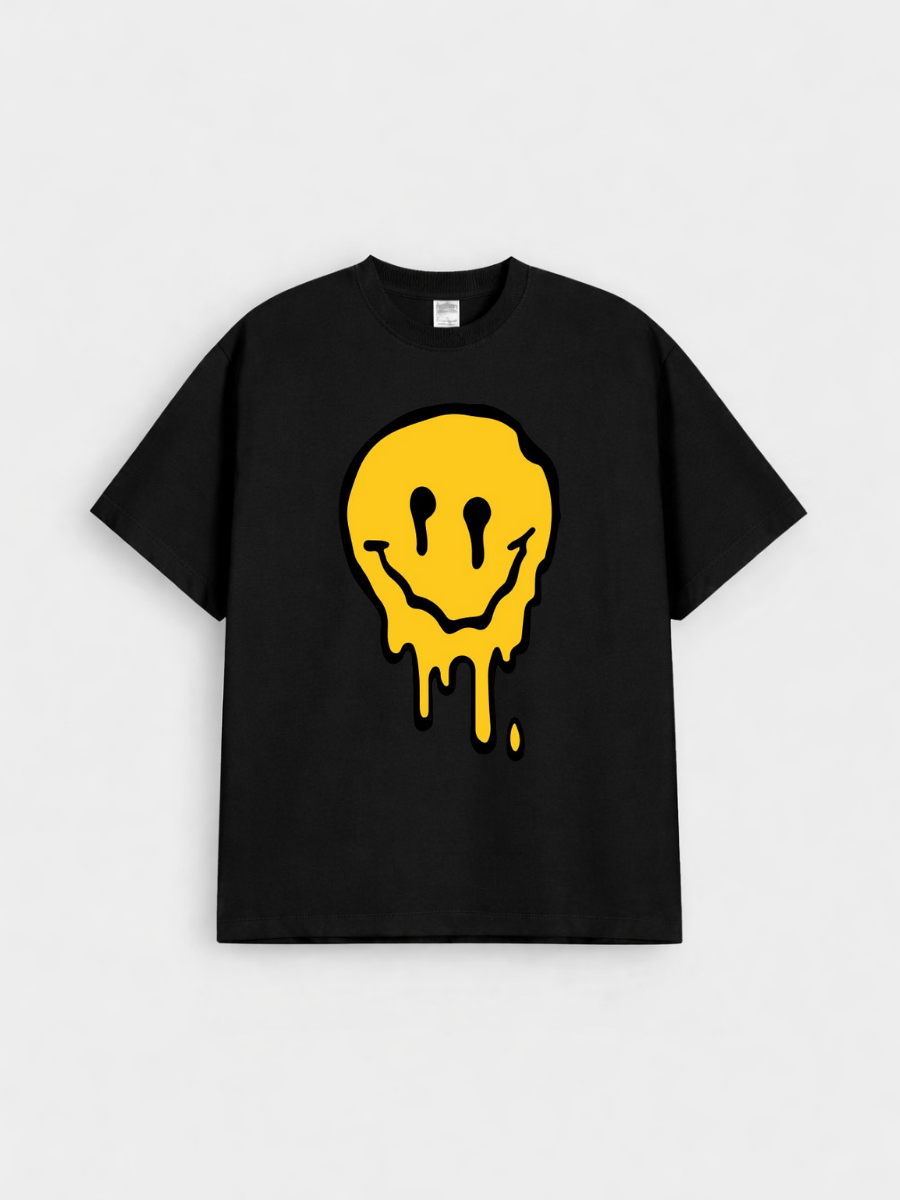Boys Dripping Smile Graphic Black Down Shoulder T-shirt