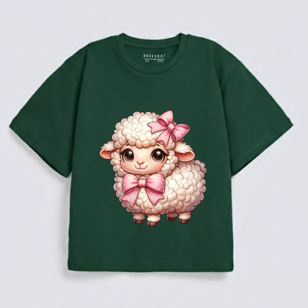 Girls Cute Lamb with Pink Polka Dot Bows Graphic Drop-Shoulder T-Shirt (Eid Edit)