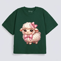 Girls Cute Lamb with Pink Polka Dot Bows Graphic Drop-Shoulder T-Shirt (Eid Edit)