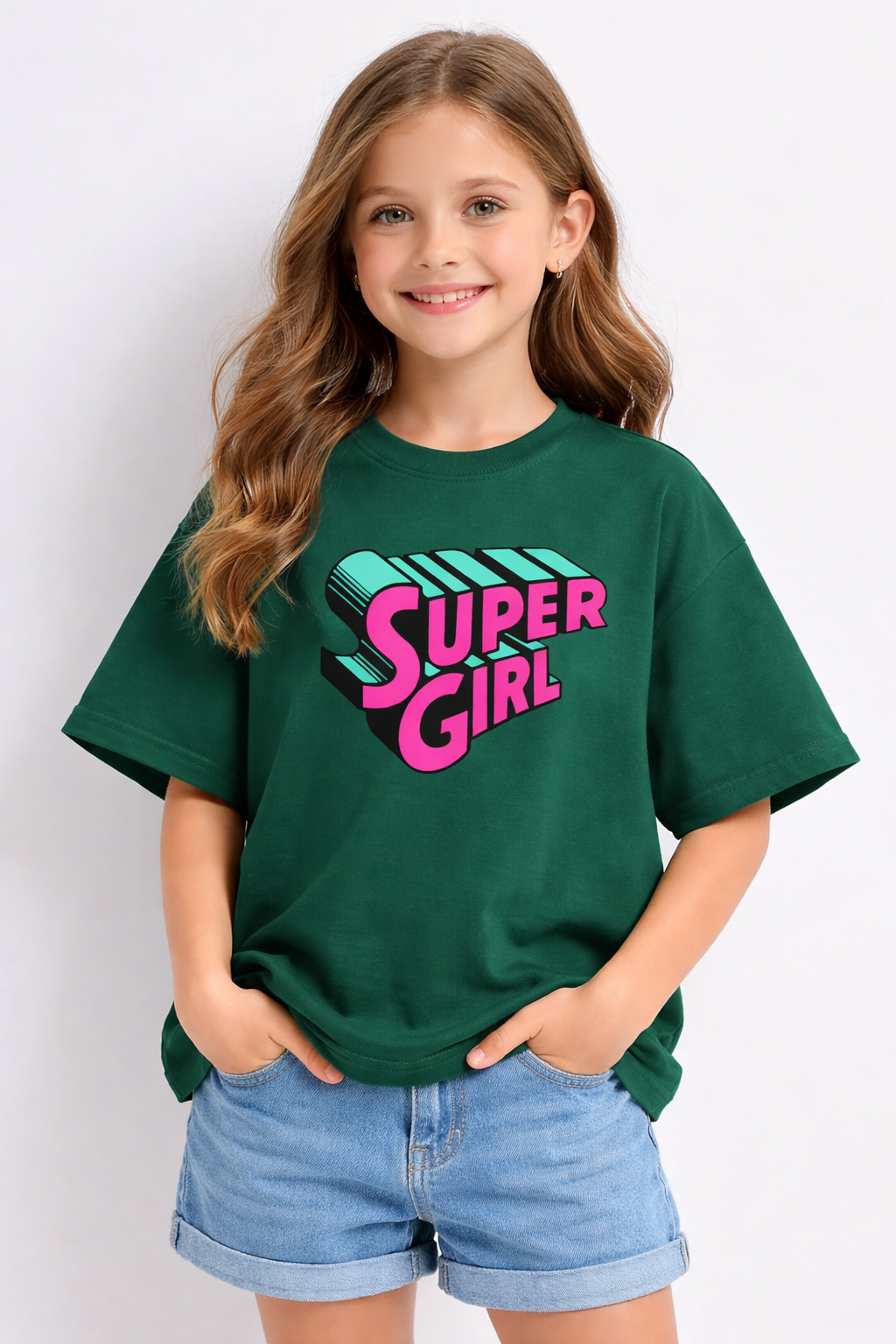 Girls Super Girl Text Print Green Down Shoulder T-shirt