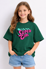 Girls Super Girl Text Print Green Down Shoulder T-shirt