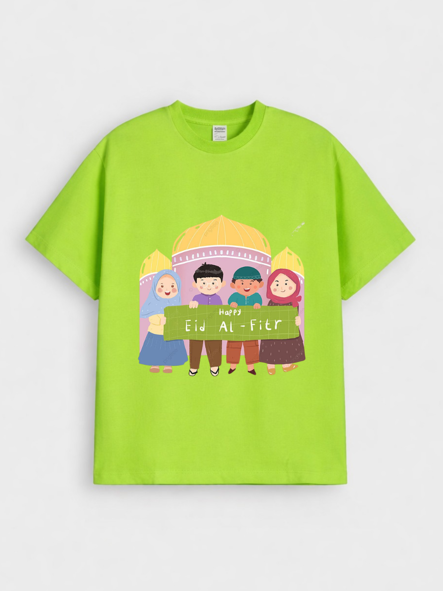 Boys & Girls Happy Eid Al-Fitr Kids Mosque Graphic Down Shoulder T-shirt for Eid Al-Fitr Celebration