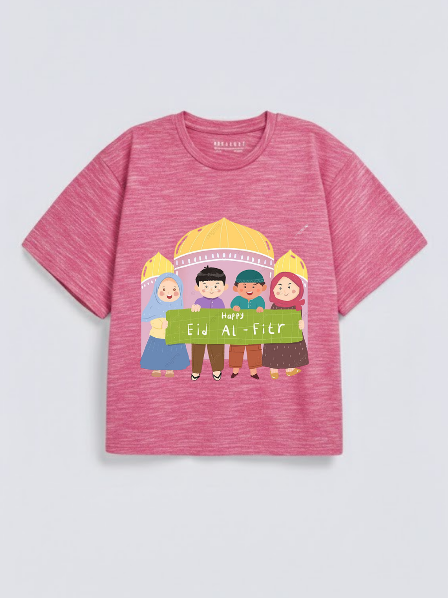 Boys & Girls Happy Eid Al-Fitr Kids Mosque Graphic Down Shoulder T-shirt for Eid Al-Fitr Celebration