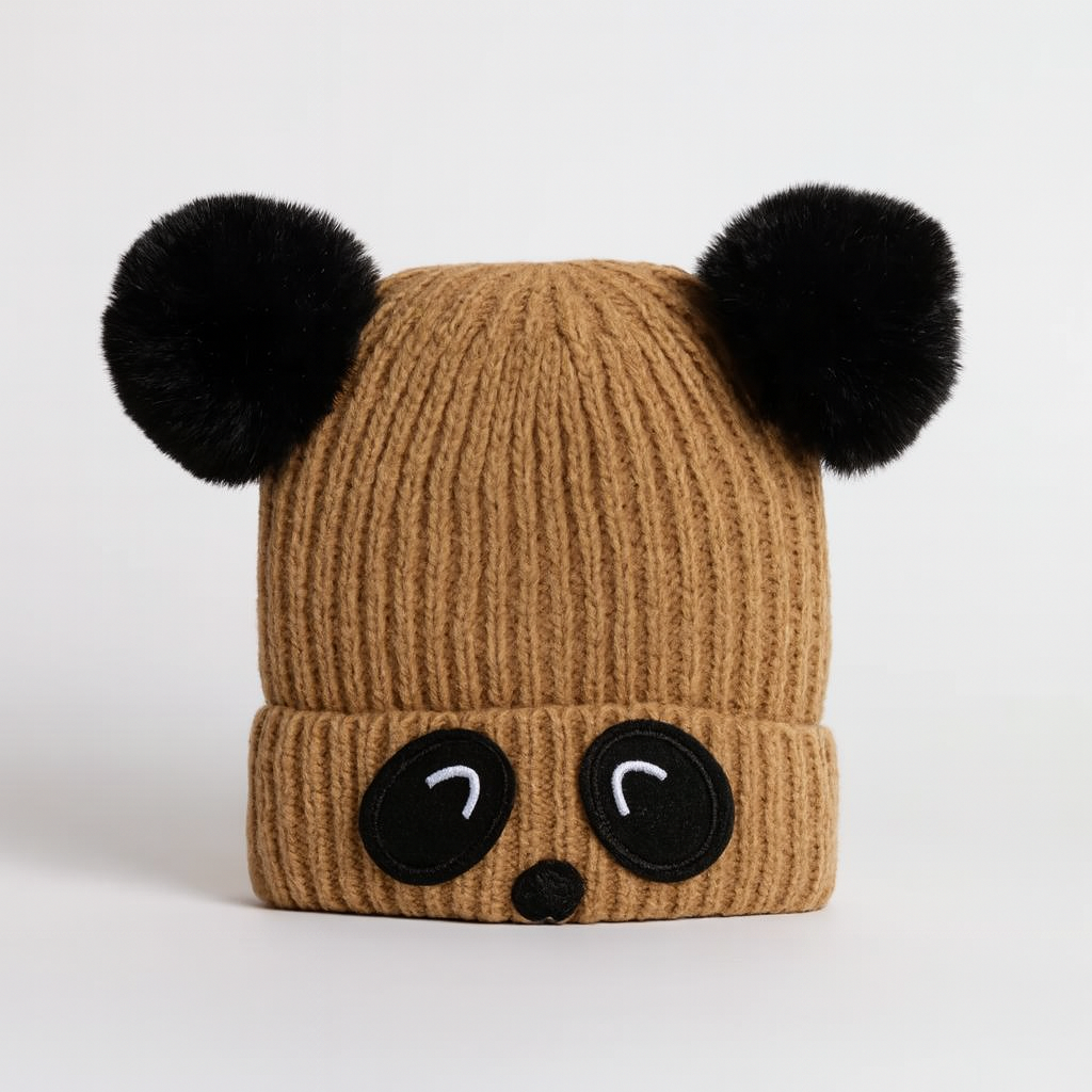 Brown panda pompon cap