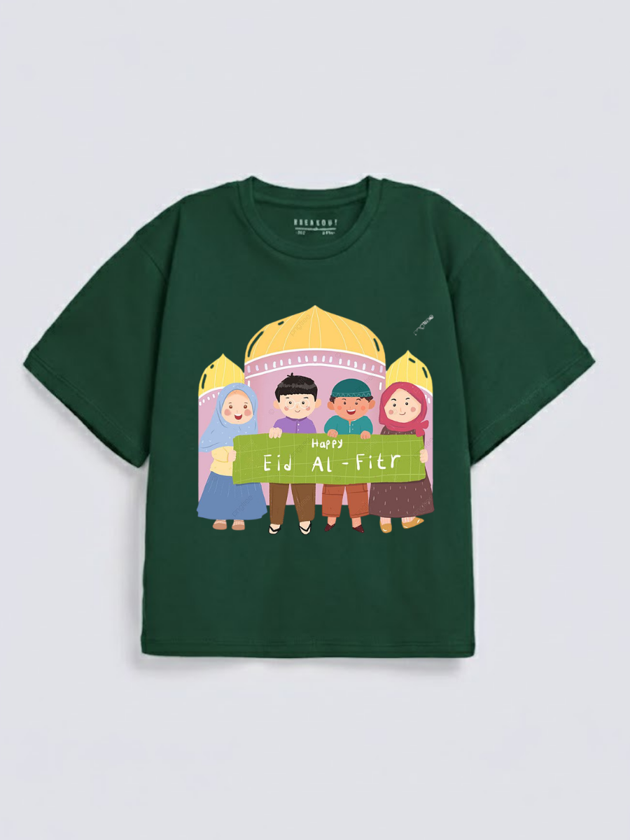 Boys & Girls Happy Eid Al-Fitr Kids Mosque Graphic Down Shoulder T-shirt for Eid Al-Fitr Celebration