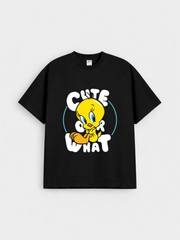 Girls Cute Cartoon Bird Black Down Shoulder T-shirt