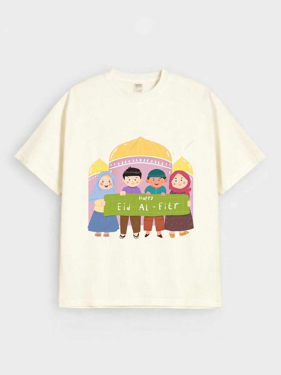 Boys & Girls Happy Eid Al-Fitr Kids Mosque Graphic Down Shoulder T-shirt for Eid Al-Fitr Celebration