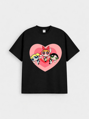 Girls Cartoon Super Sisters Black Down Shoulder T-shirt